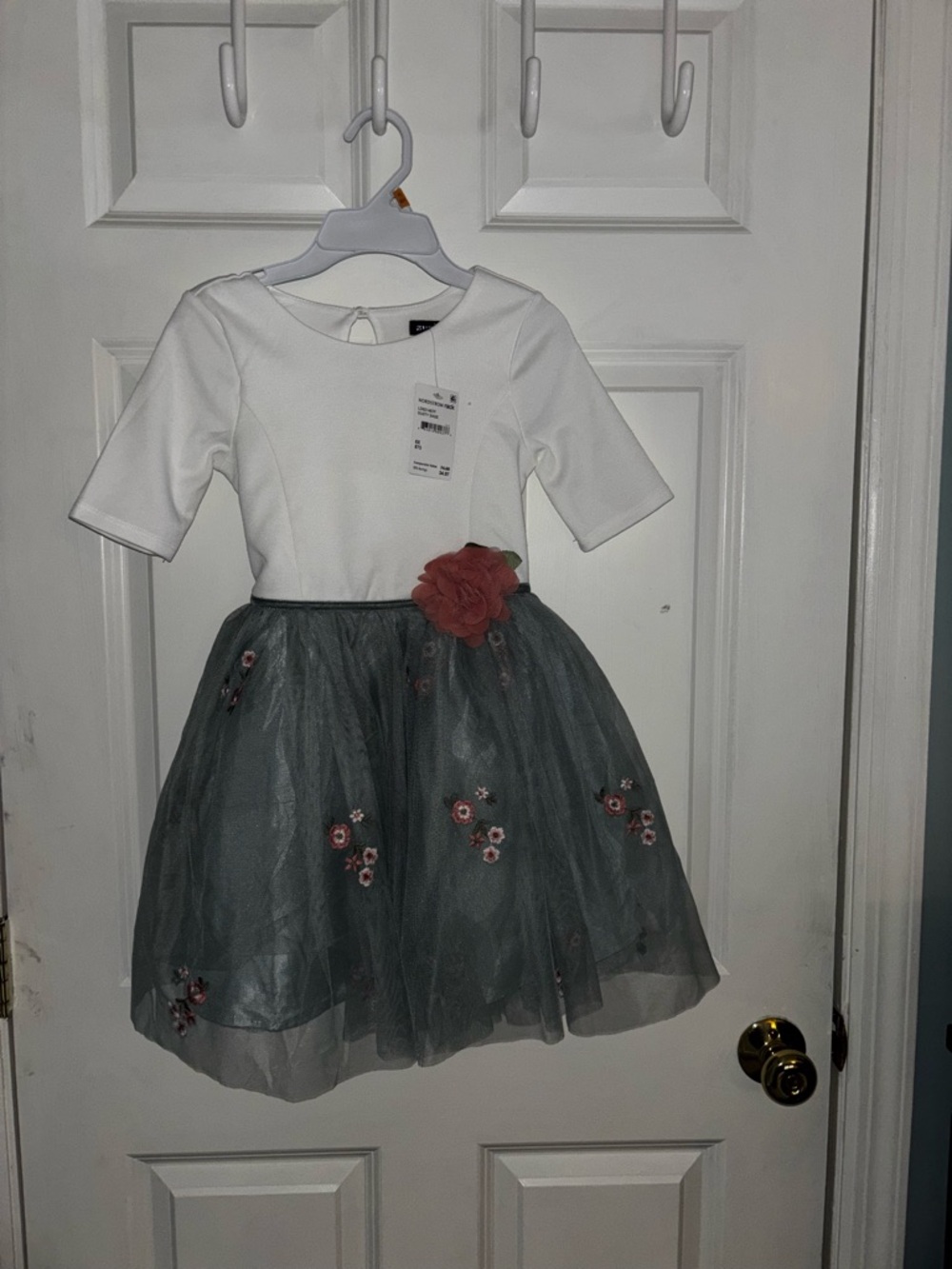 Girls Zunie White Bodice Sage Green Floral Tulle Dress with Pink Flower NWT